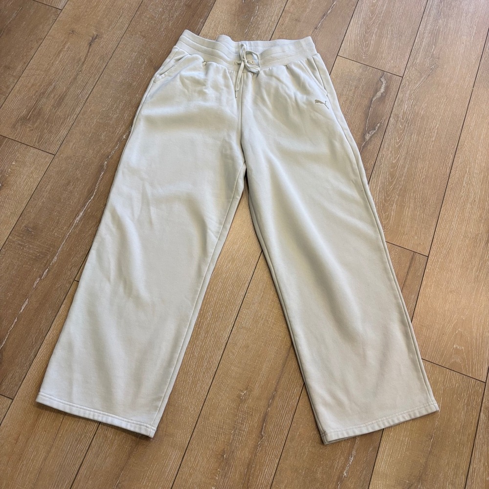 Puma Womens Wide Leg Sweatpants Beige High Rise Fleece Pants Large